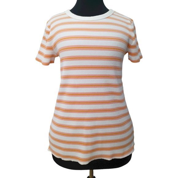 Old Navy Slim Fit Coral White Striped Knit Ringer Crewneck Tee - Picture 4 of 8